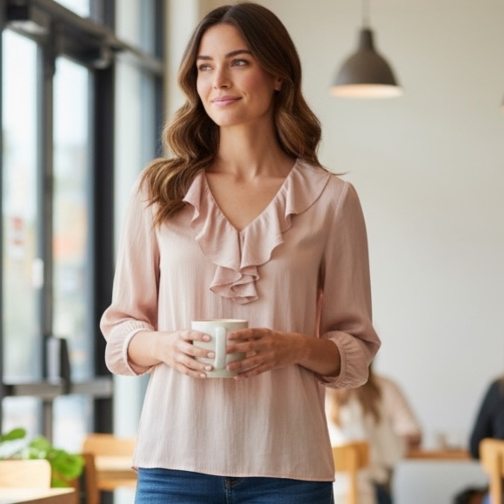 Smythe Light Pink Ruffle Blouse - Elevated Office / Date Night - Size L